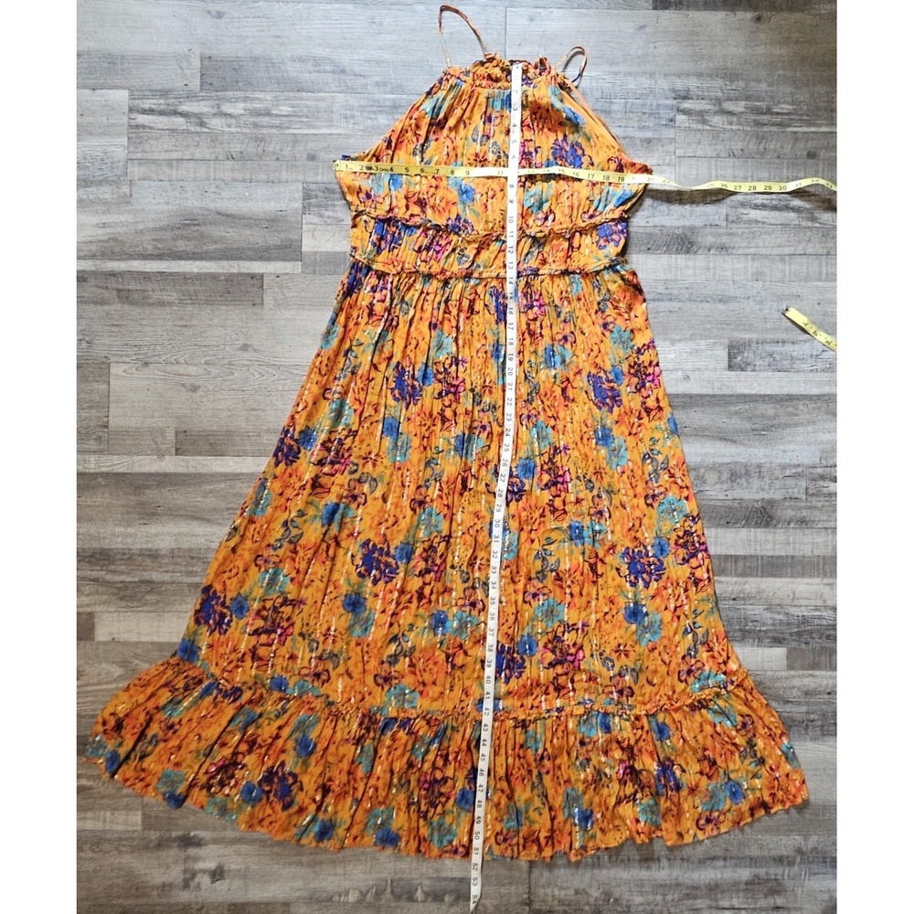 Bcbgmaxazria Maxi Dress Orange/mandarin Color Multi Floral Ruffled Metallic XL - Picture 4 of 9